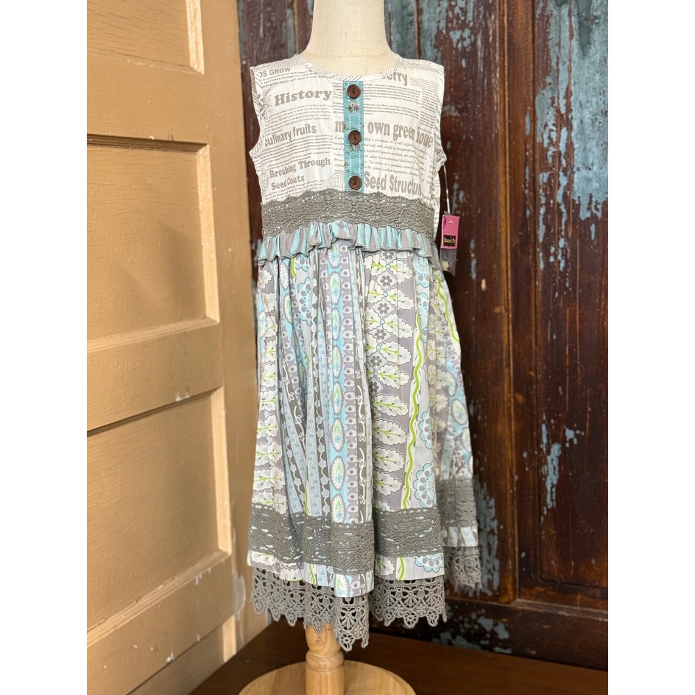 Mustard Pie Girls Newspaper Print Floral Crochet Lace Ruffle Dress Size 5 NWT